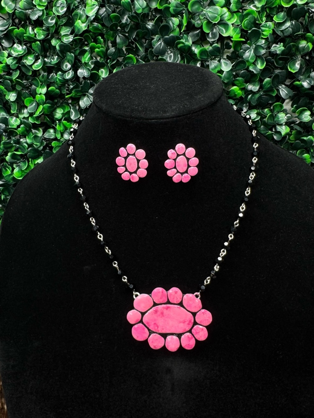 Clay Pink Stone Floral Pendant Necklace with Matching Earrings - Women Jewelry